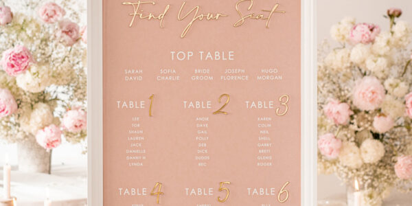 Blush and Gold Modern Acrylic Seating Chart, 3d Elegant Find Your Seat – Seating Plan , Wedding Table Plan in White Frame, Wedding Decoration with golden letters – Reception Signage – Custom Ceremony Sign BpPXSet