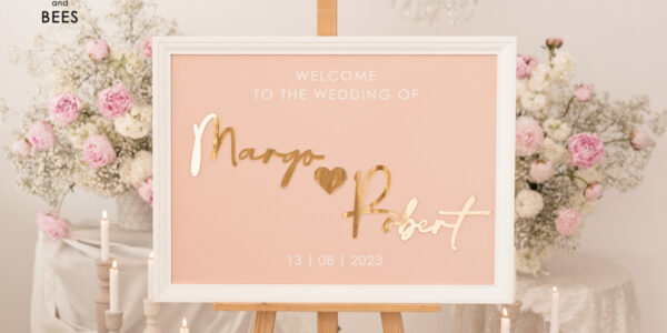 Blush and Gold Modern Acrylic wedding welcome sign, 3d Elegant wedding welcome signs – Wedding Reception Decor, Wedding Table Plan in White Frame, Wedding Decoration with golden letters – Reception Signage – Custom Ceremony Sign BpPXSet