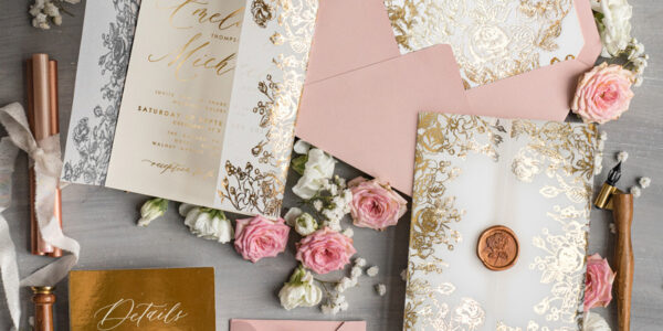 Bespoke Blush Pink wedding invitations, Glamour Wedding Invitation Suite • Golden Pink Wedding Stationery • Luxury Wedding Invites