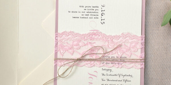 Ecru wedding invitations, ecru wedding cards, ecru wedding invitations, linen natural, linen natural twine, pink lace, pink lace wedding accessories, pink lace wedding invitations, lace wedding invitations, black lettering, pink calligraphy, calligraphy, pink envelope, pink wedding invitations, belly band, lace belly band, rustic wedding invitations, rustic wedding, rustic wedding cards