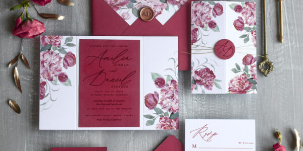 Romantic Red Wedding Invitations, Elegant Floral Wedding Invites, Minimalistic White Wedding Cards, Luxury Marsala Wedding Invitation Suite