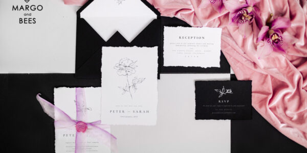 Gothic Black Wedding Invitations, Minimalistic And Simplistic Wedding Invites, Elegant Rose Flower Wedding Cards With Purple Ribbon, Goth Wedding Stationery