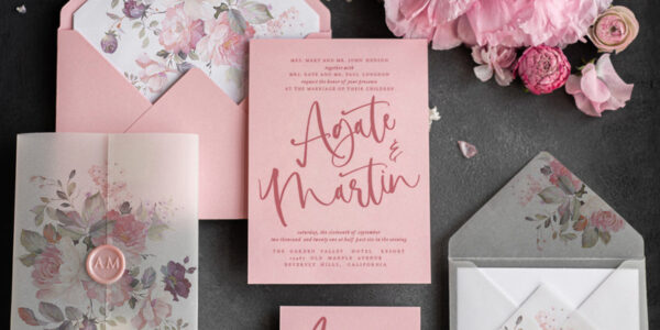 Glamour Pink Wedding Invitations, Romantic Floral Wedding Invites, Luxury Wedding Cards With Vellum Wrapping, Delicate And Handmade Wedding Stationery