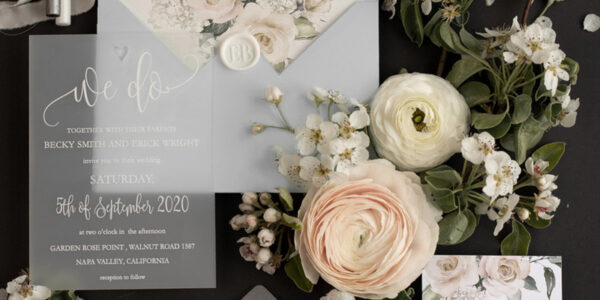 Luxury Frozen Acrylic Plexi Wedding Invitations With Engraved Heart, Romantic Floral Wedding Invites, Elegant Light Grey Wedding Cards, Bespoke Vellum Wedding Stationery