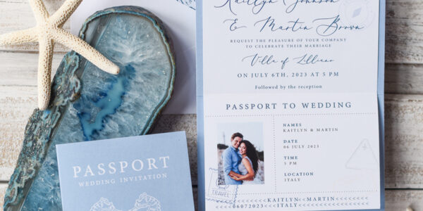 Dusty Blue Beach  Passport Wedding Invitation, Seahorses Wedding Cards  Boarding Pass,  Beach Passport Wedding Invitations  Abroad, Destination Wedding Invites, Seaside Wedding Stationary