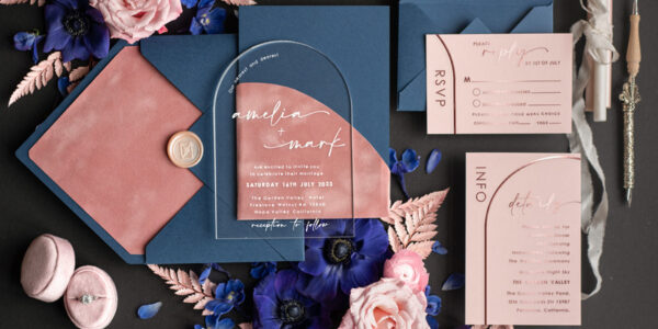 Arch Gold Acrylic wedding invitation suite, Velvet Pocket blush pink and navy blue Wedding Invites, Glamour Wedding Invitations