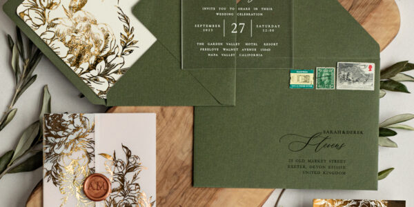 Greece Olive Branch Wedding Invitation, Acrylic olive green wedding invitation cards, Gold Wedding Invites