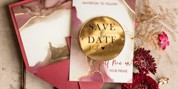 Personalised Maroon Save the Date circle Magnet and Card, Marble Wedding Save The Dates Acrylic golden mirror magnet