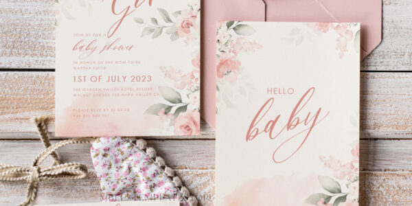 Floral Baby Girl Shower Invitation Template, Instant Download Printable Invites Home Printing, Simple modern baby shower  Card Set