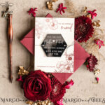 Personalised Save the Date Hexagon Magnet and Card, Burgundy Elegant Wedding Save The Dates Acrylic Silver Heart