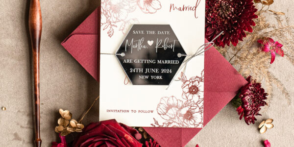 Personalised Save the Date Hexagon Magnet and Card, Burgundy Elegant Wedding Save The Dates Acrylic Silver Heart