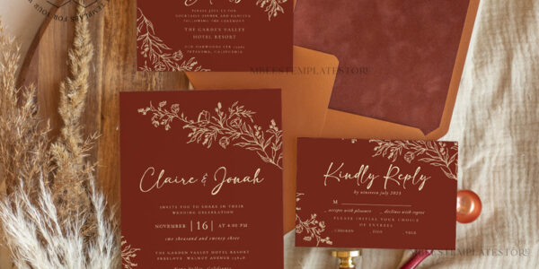 Boho fall wedding Invitations Set Template, Instant Download Printable Invites Home Printing,Elegant Terracotta Fine Art Invitation Card Set