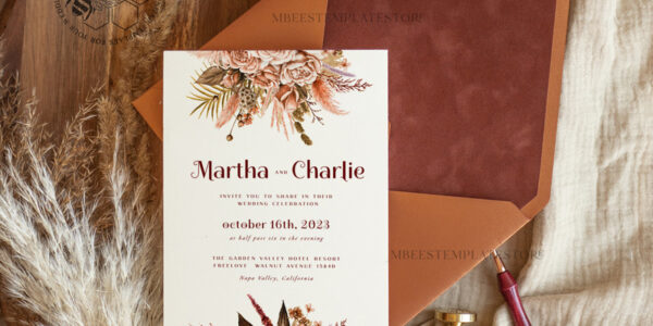 Boho fall wedding Invitations Set Template, Instant Download Printable Invites Home Printing, Terracotta Autumn Fine Art Invitation Card Set