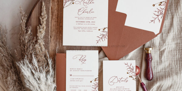 Boho fall wedding Invitations Set Template, Instant Download Printable Invites Home Printing, Terracotta Autumn Simple Invitation Card Set