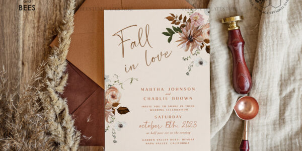 Boho fall wedding Invitations Set Template, Instant Download Printable Invites Home Printing, Terracotta Autumn Wedding Invitation Card Set