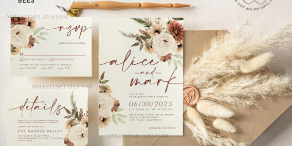 Boho Ivory wedding Invitations Set Template, Instant Download Printable Invites Home Printing, Simple Boho Wedding Invitation Card Set