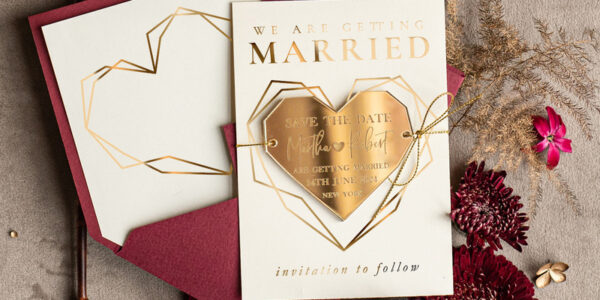 Luxory Save the Date Heart Magnet and Card, Gold Marrone Elegant Wedding Save The Dates Acrylic Heart