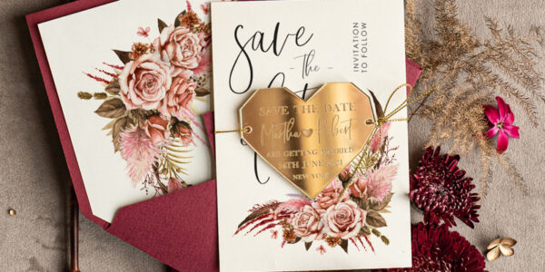 Personalised Save the Date Heart Magnet and Card, Burgundy Elegant Wedding Save The Dates Acrylic Gold Heart