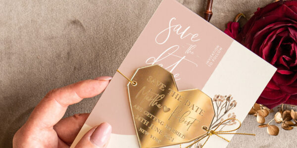 Personalised Save the Date Heart Magnet and Card, Arch Elegant Wedding Save The Dates Acrylic golden Heart