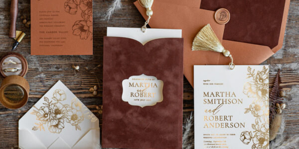 Romantic terracotta Velvet Wedding Invitations, Luxury Gold Foil Wedding Cards, Gold tassel Wedding Invitations