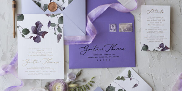 Vintage Floral Wedding Invitations With Purple Ribbon, Elegant Lilac Wedding Invites, Minmalistic Wedding Invitation Suite, Bespoke White Wedding Stationery