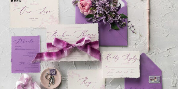 Luxury Purple Wedding Invitations, Minimalistic Lilac Wedding Invites, Vintage Floral Wedding Cards, Delicate Wedding Invitation Suite With Hand Dyed Ribbon