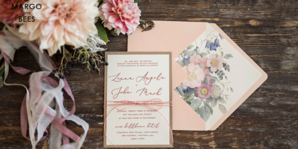 Floral Vintage Wedding Invitations, Bespoke And Elegant Wedding Invites, Minimalistic Wedding Cards, Handmade Wedding Stationery