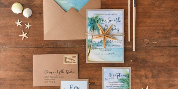 Tropical beach Wedding Invitations, Starfish Watercolor Seaside Wedding Invites, Mexico Wedding Cards