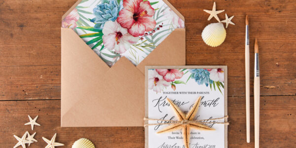 Tropical beach Wedding Invitations, Starfish Watercolor Seaside Wedding Invites, Hibiscus Flowers Wedding Cards