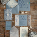 Beach dusty Blue  Wedding invitations Vellum wrapping Wedding Invites with Sea horses Wax seal wedding Cards