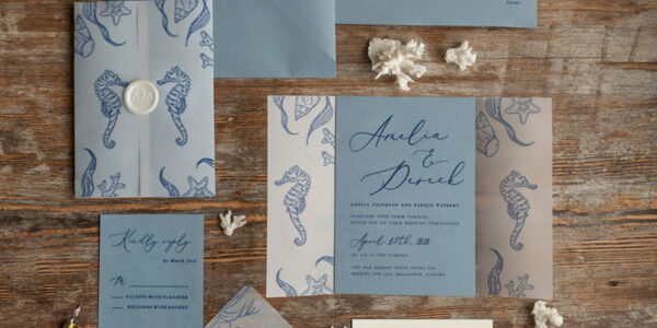 Beach dusty Blue  Wedding invitations Vellum wrapping Wedding Invites with Sea horses Wax seal wedding Cards