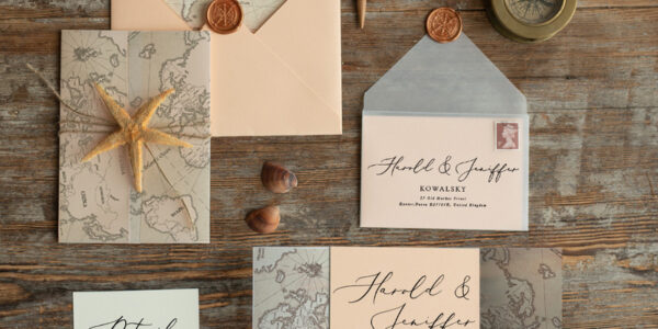 Beach Peach  Wedding invitations Vellum wrapping Wedding Invites with Old Map Starfish wedding Cards