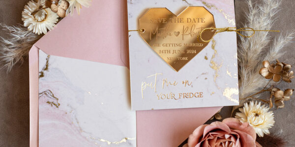 Personalised Blush Pink Save the Date Acrylic Geometric Heart Magnet and Card, Gold Blush Pink Heart Wedding Save The Dates Acrylic Magnets, Save The Date Cards with heart magnet