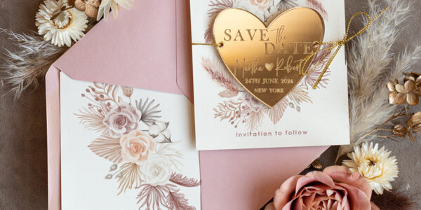 Personalised Blush Pink Save the Date Acrylic  Heart Magnet and Card, Gold Blush Pink Heart Wedding Save The Dates Acrylic Magnets, Save The Date Cards with heart magnet