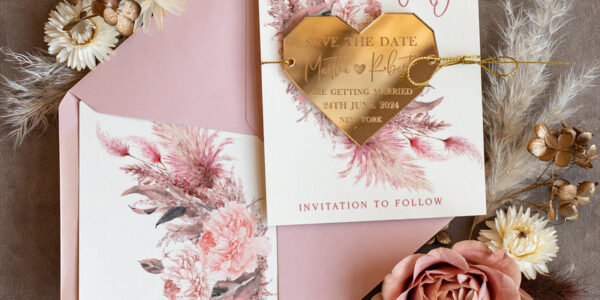Personalised Blush Pink Save the Date Acrylic  Heart Magnet and Card, Gold Blush Pink Heart Wedding Save The Dates Acrylic Magnets, Save The Date Cards with heart magnet