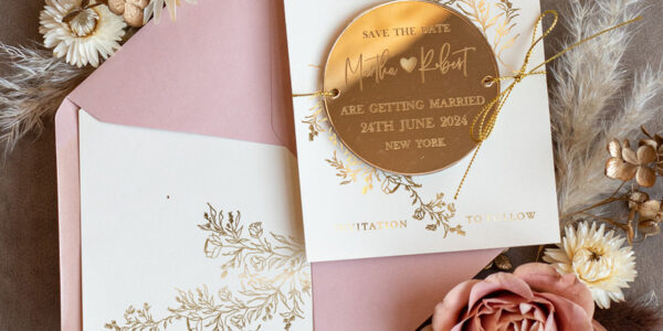 Personalised Gold Acrylic circle Save the Date Magnet and Card, blush Pink Wedding Save The Dates Plexi Magnets, Wedding Boho Save The Date Cards