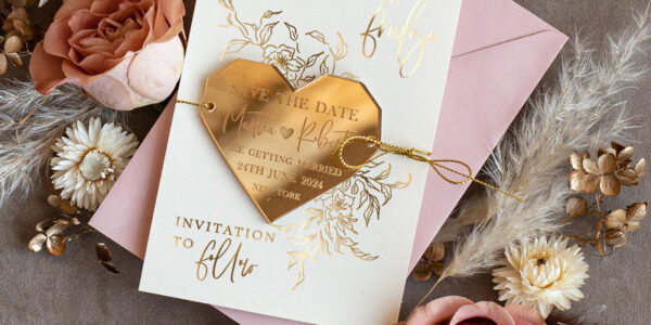 Personalised Gold Acrylic Heart Save the Date Magnet and Card, blush Pink Wedding Save The Dates Plexi Magnets, Wedding Boho Save The Date Cards