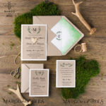 Delicate Green Wedding Invitations, Elegant Handmade Wedding Invites, Affordable Wedding Cards With Birch Heart, Handmade Watercolor Wedding Invitation Suite