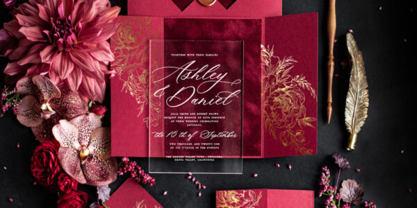 Luxury Red Velvet Wedding Invitations, Elegant Plexi Acrylic Wedding Cards, Glamour Burgundy Arabic Wedding Invites, Indian Golden Shine Wedding Invitation Suite