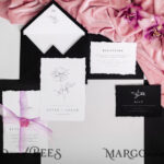 Gothic Black Wedding Invitations, Minimalistic And Simplistic Wedding Invites, Elegant Rose Flower Wedding Cards With Purple Ribbon, Goth Wedding Stationery