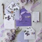 Vintage Floral Wedding Invitations With Purple Ribbon, Elegant Lilac Wedding Invites, Minmalistic Wedding Invitation Suite, Bespoke White Wedding Stationery