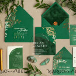 Glamour meets Greenery: Arch Gold Acrylic Wedding Invites with Velvet Pocket