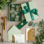 “Exquisite Arch Gold Acrylic Wedding Invitation Suite with Velvet in Box Greenery Details for a Glamourous Celebration”