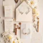 “Shimmering Elegance: Arch Acrylic Wedding Invitation Suite with Boho Glam and Golden Shine Details”