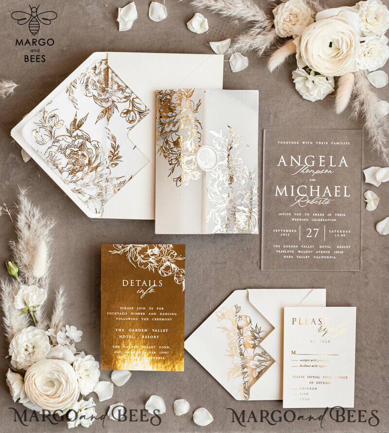 “Golden Shine Wedding Invitation Suite: Acrylic Glamour for Luxury Gold Wedding Cards”