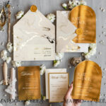 Elegant Gold Acrylic Wedding Invitation Suite with Golden Marble Arch Glamour Design