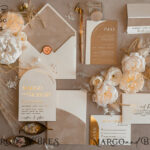 “Exquisite Elegance: Custom Velvet Beige Pocket Wedding Invitations with Gold Arch Design – Luxury Wedding Invitation Suite and Cards”
