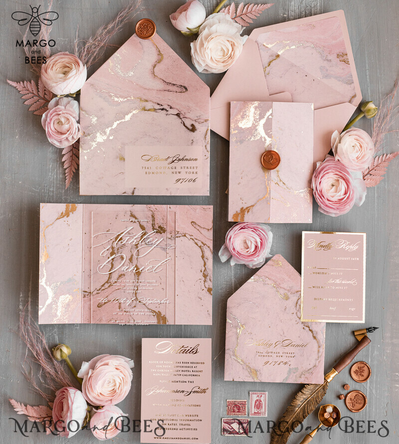 Blush Pink Marble Wedding Invitations: Luxury Gold Foil Invitation Set with Acrylic Cards – Marble Glamour Wedding Invitation Suite – Elegant Wedding Cards in Marble Design