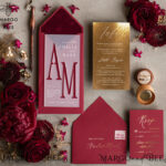 Burgundy and Gold Acrylic Glamour Wedding Invitation Suite: Maroon Golden Shine Wedding Stationery – Frozen Plexi Luxury Wedding Invites