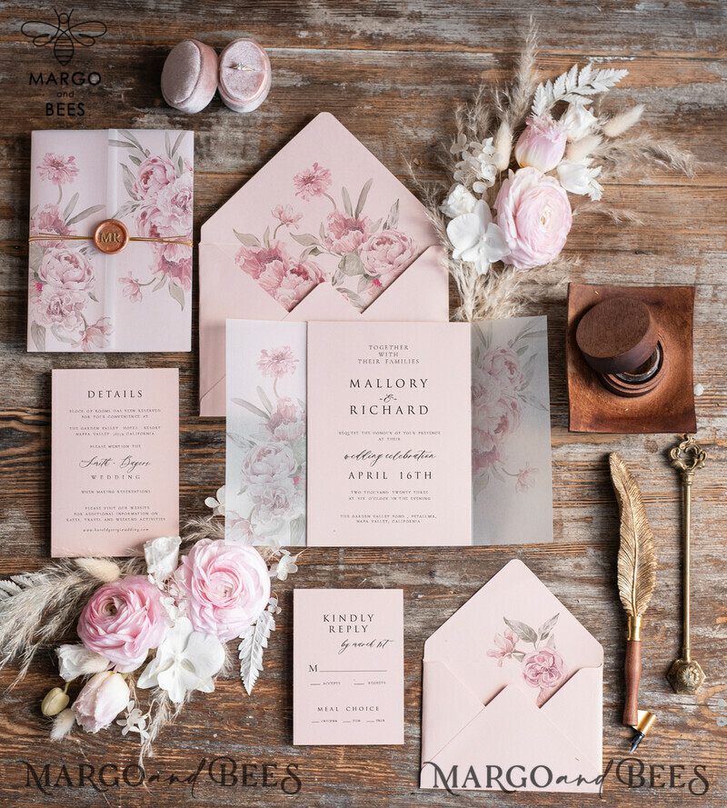 Elegant Rose Wedding Invitations: Handmade Suite in Blush Pink and Wax Rose Gold for Luxurious Wedding Cards